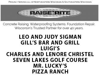 Raise Rite, Leo and Judy Sigman, Gill’s Bar and Grill, Luigi’s, Charles and Lenore Christel, Seven Lakes Golf Course, Mr. Lucky’s, Pizza Ranch